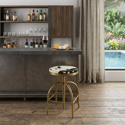 Black Off White And Gold Genuine Leather And Iron Backless Adjustable Height Swivel Bar Chair