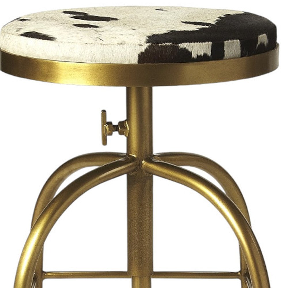 Black Off White And Gold Genuine Leather And Iron Backless Adjustable Height Swivel Bar Chair
