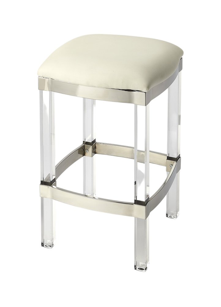 24" White And Clear Faux Leather And Acrylic Backless Counter Height Bar Chair