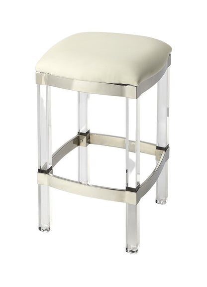24" White And Clear Faux Leather And Acrylic Backless Counter Height Bar Chair