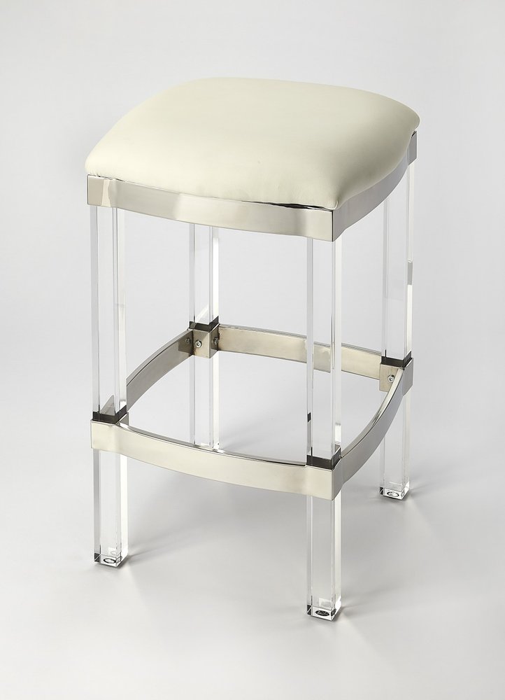 24" White And Clear Faux Leather And Acrylic Backless Counter Height Bar Chair