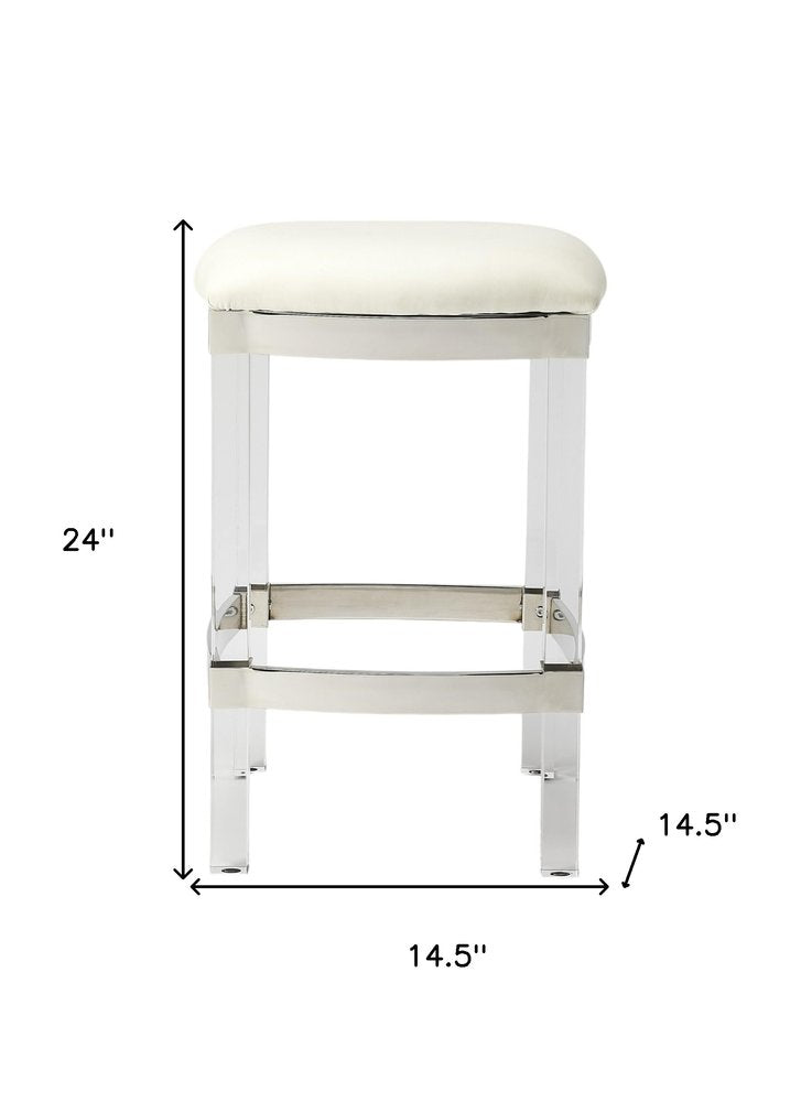 24" White And Clear Faux Leather And Acrylic Backless Counter Height Bar Chair