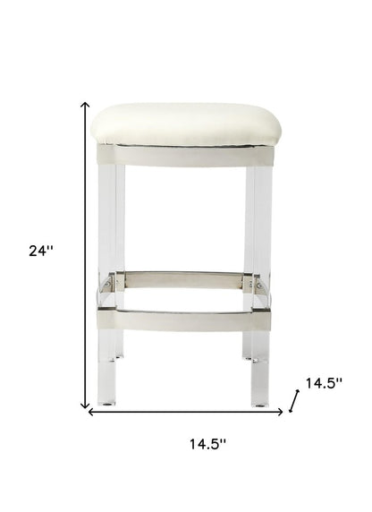 24" White And Clear Faux Leather And Acrylic Backless Counter Height Bar Chair