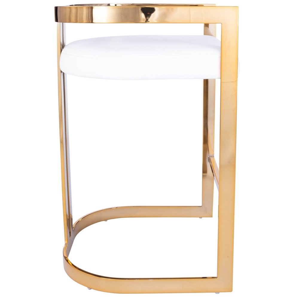 28" White And Gold Faux Leather And Iron Low Back Counter Height Bar Chair