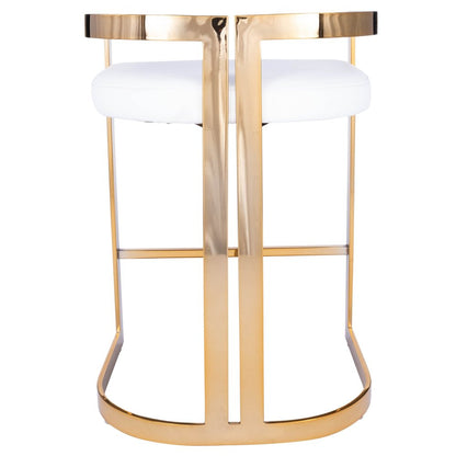 28" White And Gold Faux Leather And Iron Low Back Counter Height Bar Chair
