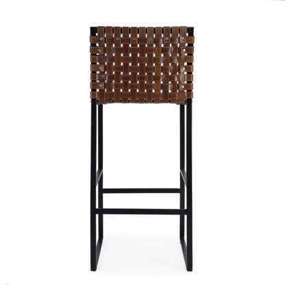 28" Brown and Black Leather and Iron Bar Chair
