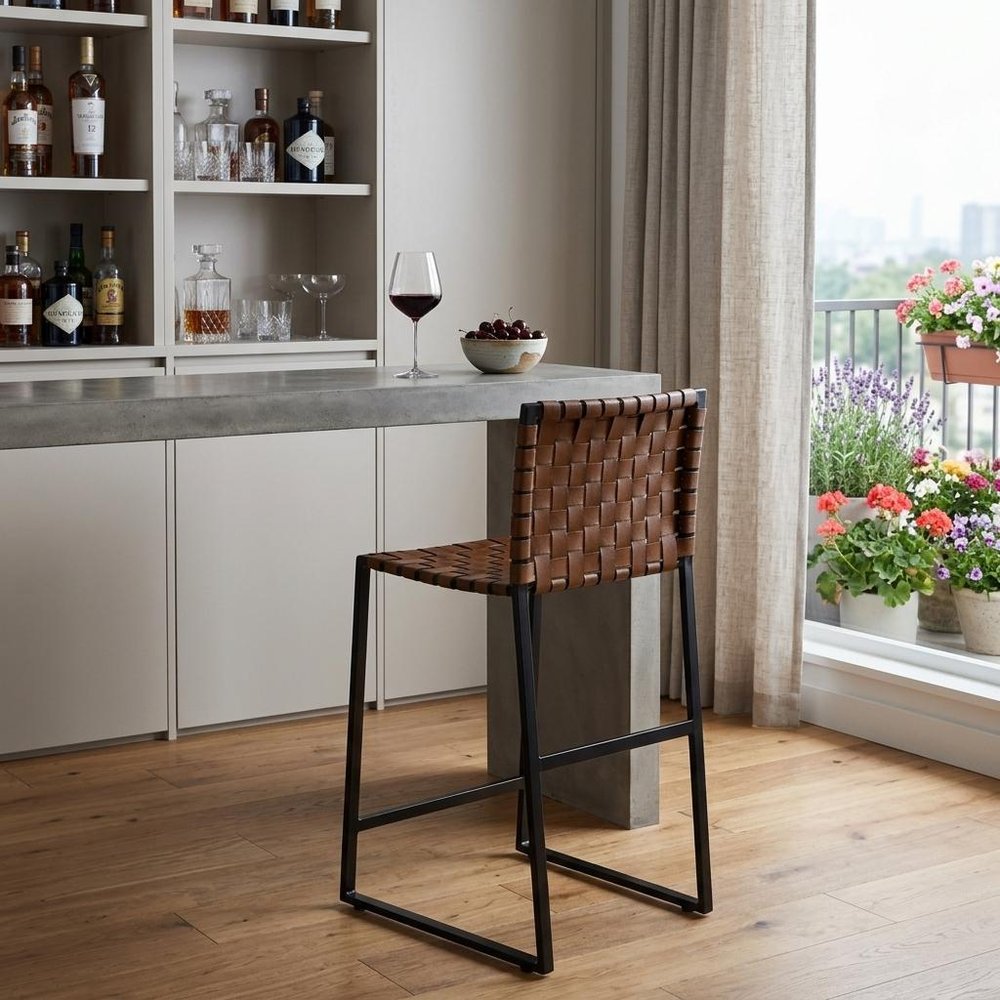 36" Brown And Black Leather And Genuine Leather And Iron Bar Chair