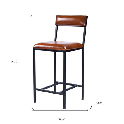 27" Brown And Black Genuine Leather And Iron Bar Chair