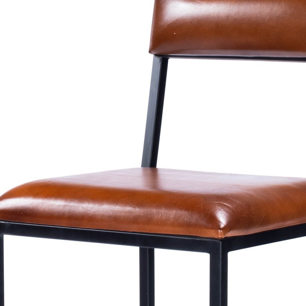 27" Brown And Black Genuine Leather And Iron Bar Chair