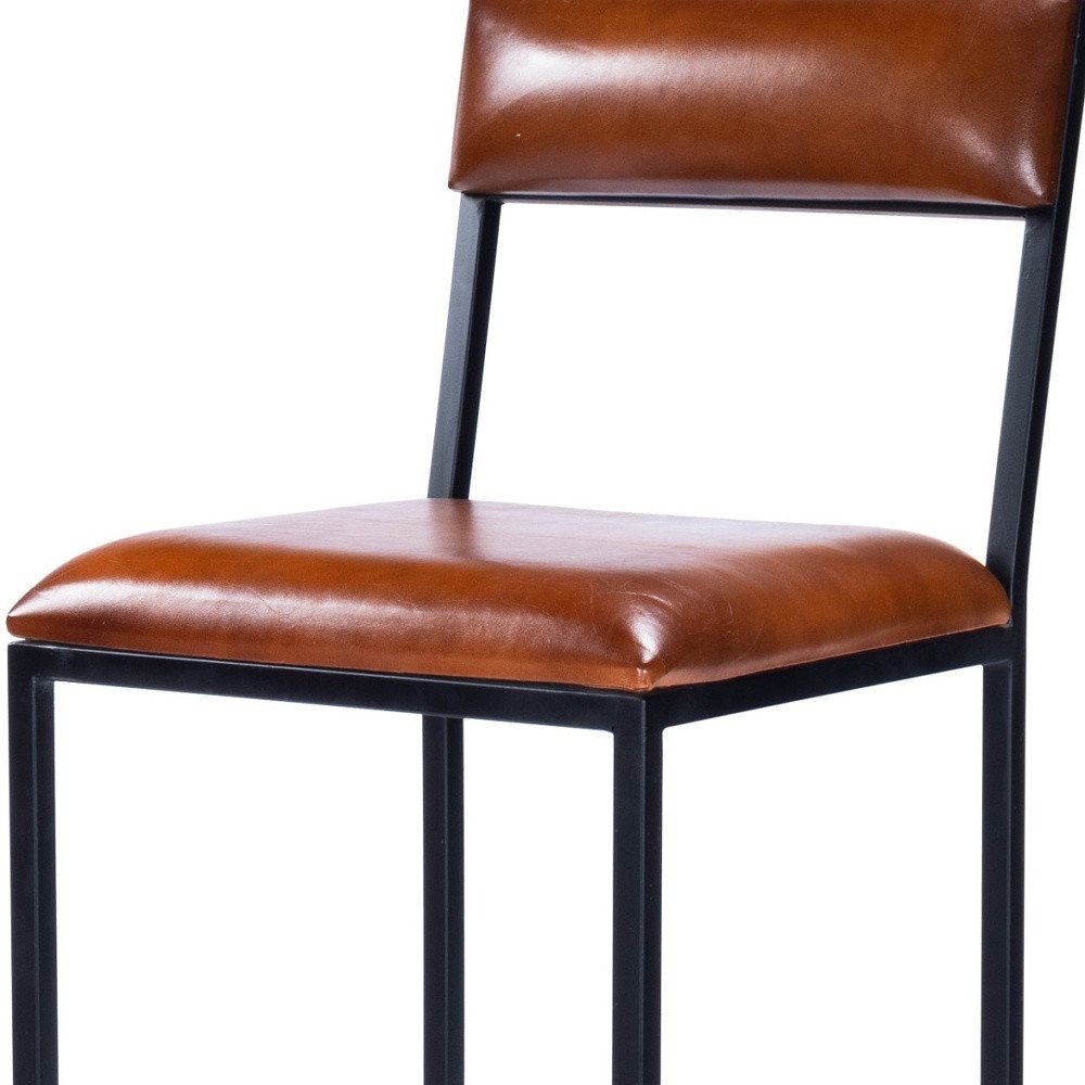 27" Brown And Black Genuine Leather And Iron Bar Chair