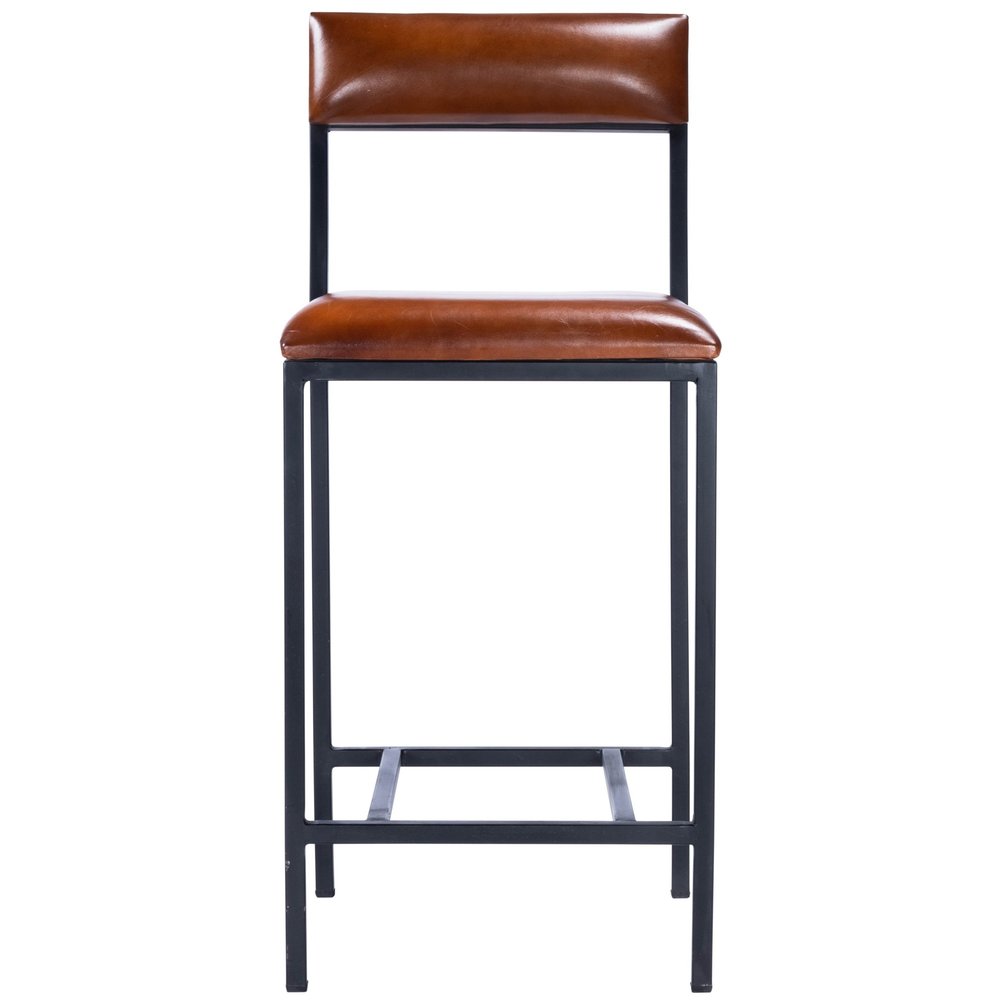27" Brown And Black Genuine Leather And Iron Bar Chair