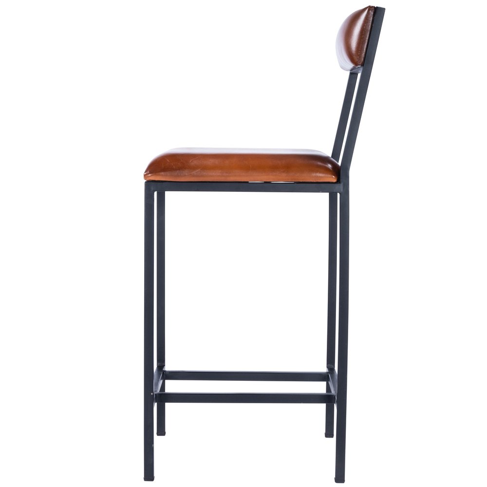 27" Brown And Black Genuine Leather And Iron Bar Chair