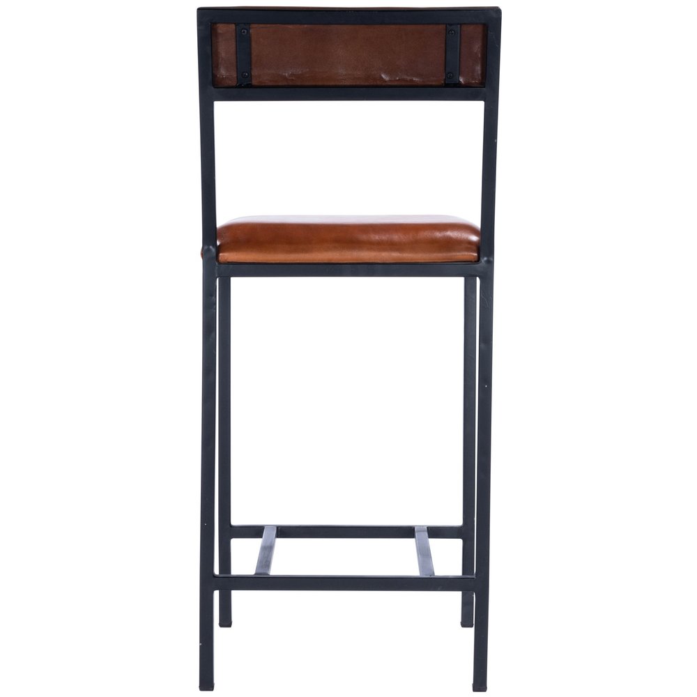 27" Brown And Black Genuine Leather And Iron Bar Chair