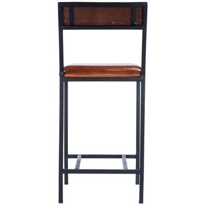 27" Brown And Black Genuine Leather And Iron Bar Chair