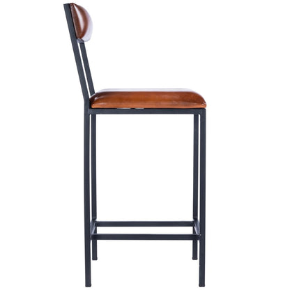 27" Brown And Black Genuine Leather And Iron Bar Chair
