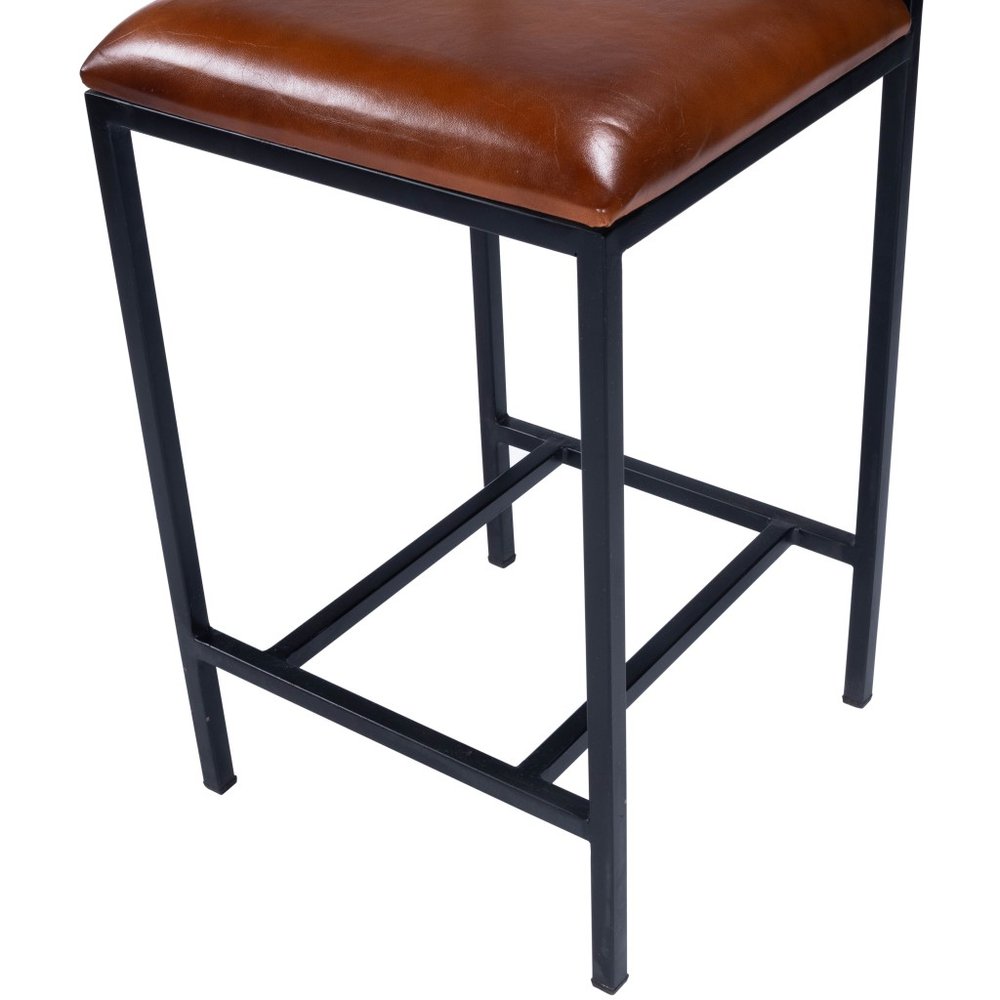 27" Brown And Black Genuine Leather And Iron Bar Chair
