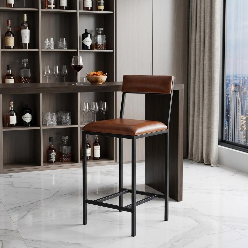 27" Brown And Black Genuine Leather And Iron Bar Chair