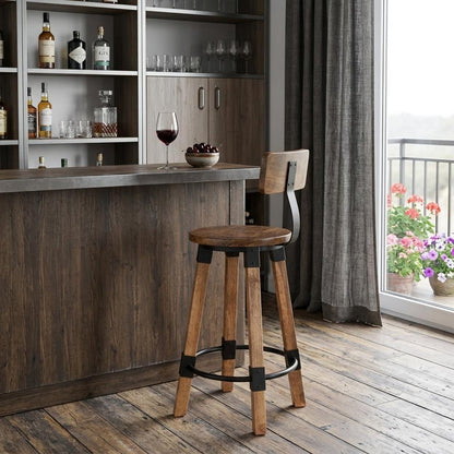 28" Brown and Natural Solid Wood and Iron Bar Chair