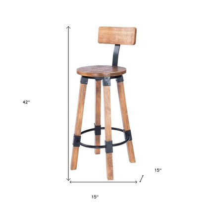 28" Brown And Natural Solid Wood And Iron Bar Chair