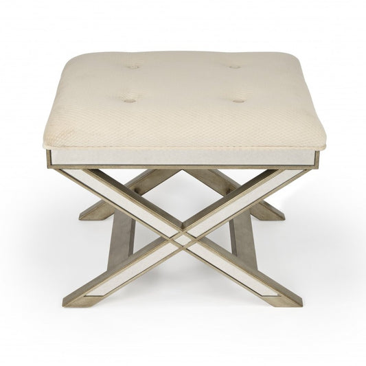 26" Ivory Cotton and Brown Tufted Ottoman