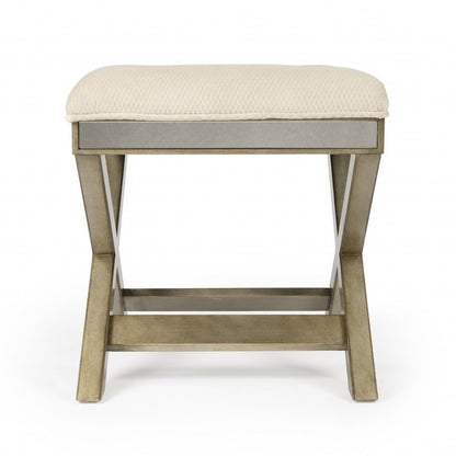 26" Ivory Cotton and Brown Tufted Ottoman