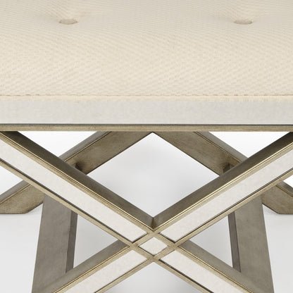 26" Ivory Cotton and Brown Tufted Ottoman