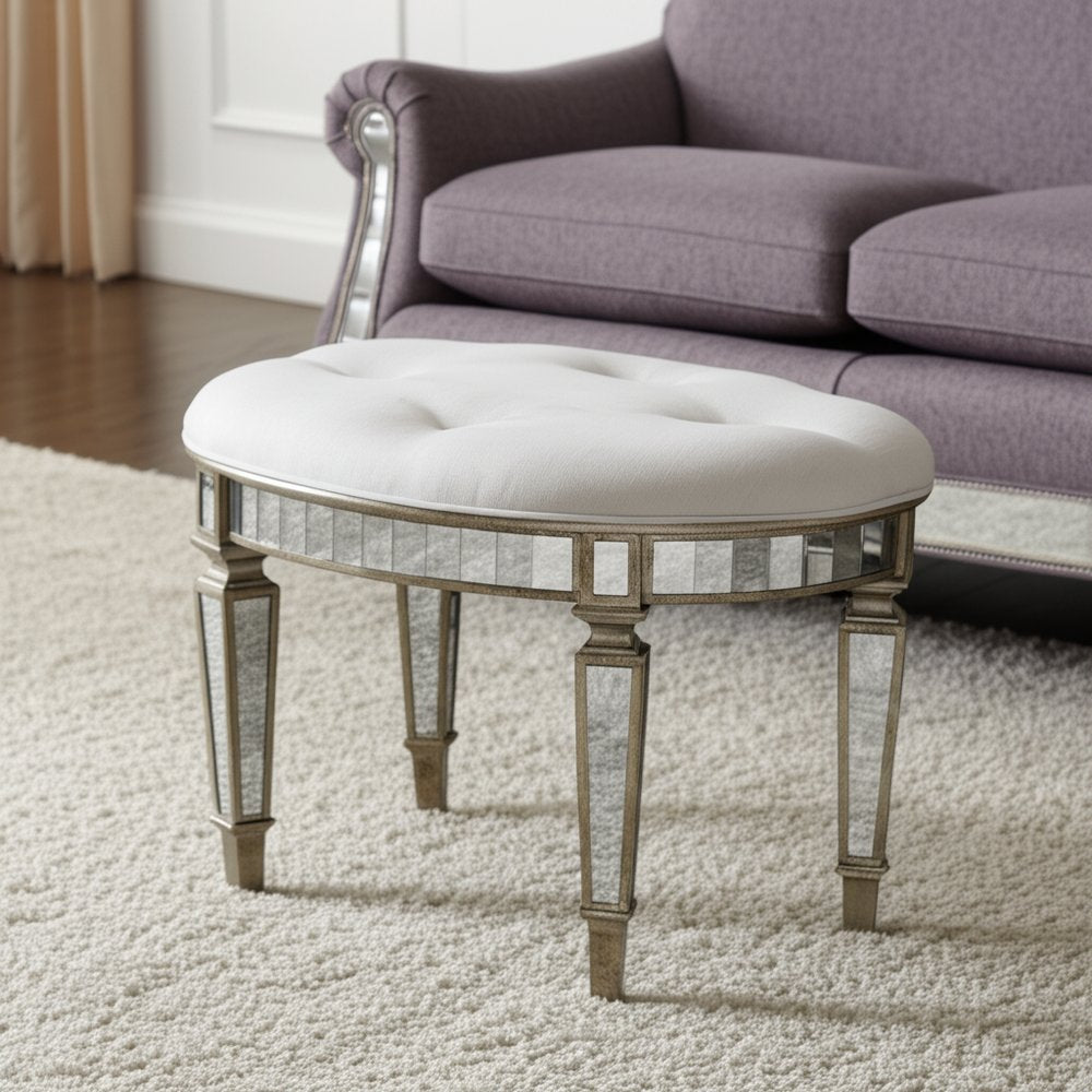 24" Cream Linen And Silver Metallic Round Ottoman