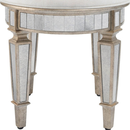 24" Cream Linen And Silver Metallic Round Ottoman