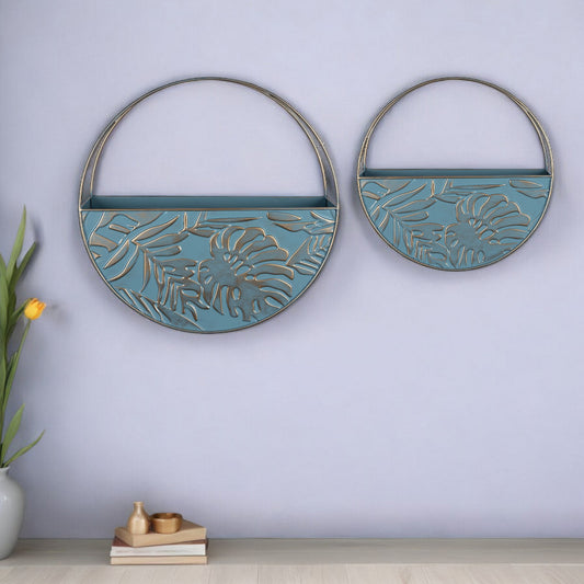 Set Of Two Blue And Gold Leaf Pattern Wall Planters