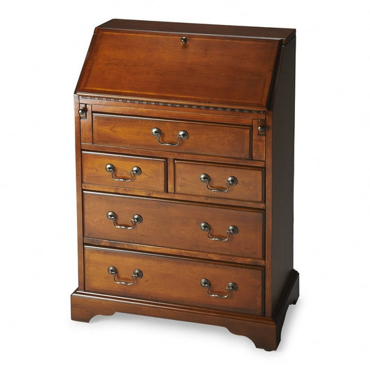 26" Brown Solid Wood Secretary Desk With Five Drawers