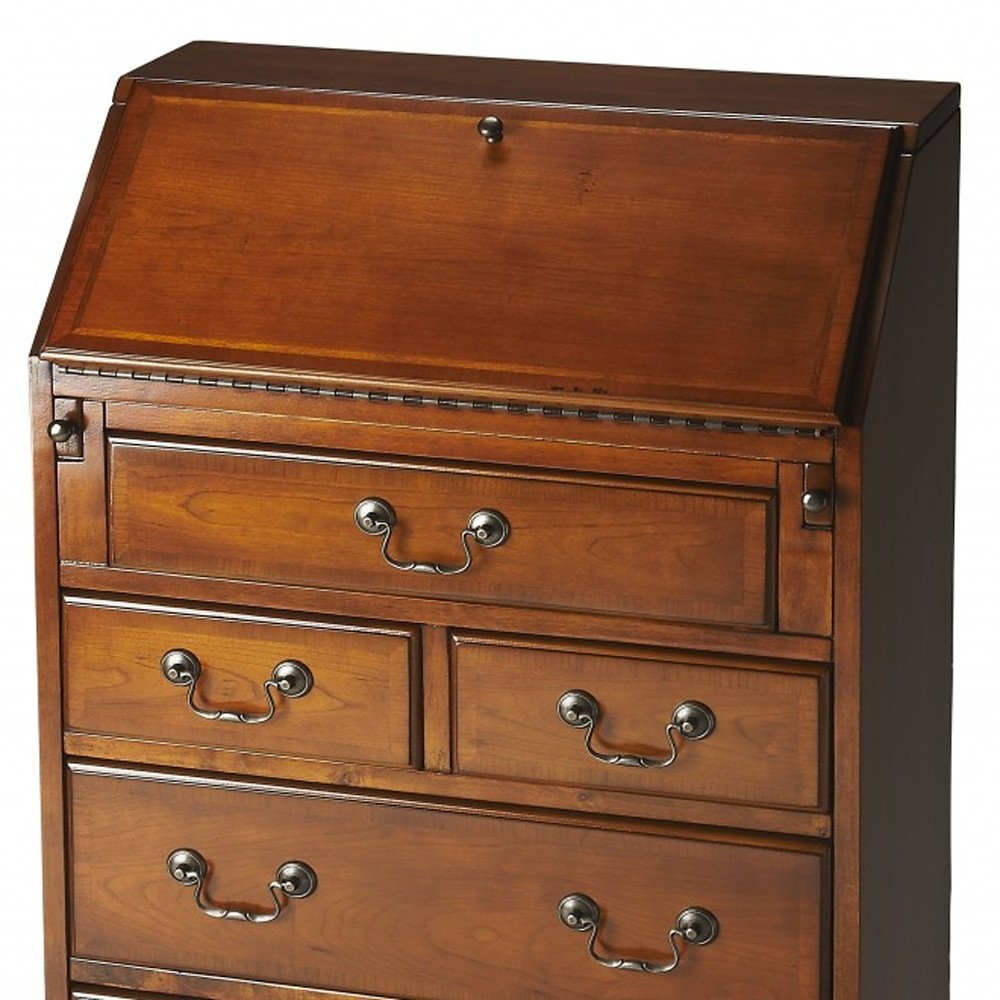 26" Brown Solid Wood Secretary Desk With Five Drawers