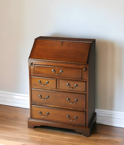 26" Brown Solid Wood Secretary Desk With Five Drawers