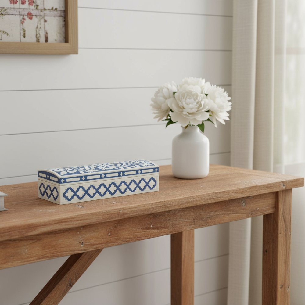 12" Blue And White Bone Inlay Box With Lid