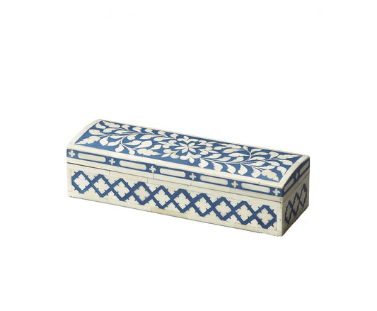 12" Blue And White Bone Inlay Box With Lid