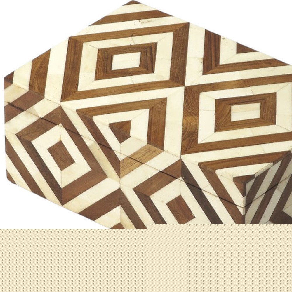 12" Brown And Ivory Bone Inlay And Solid Wood Box With Lid