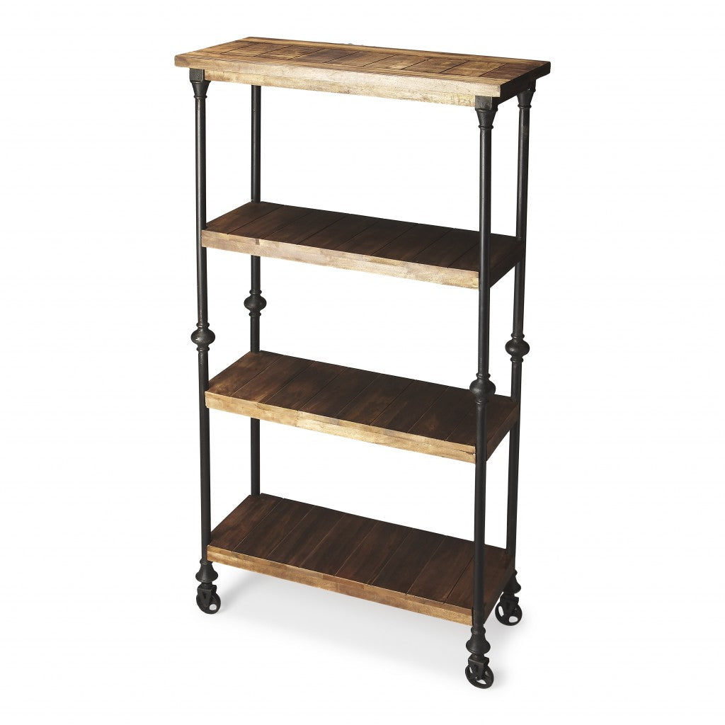 62" Brown Iron and Wood Three Tier Bookcase