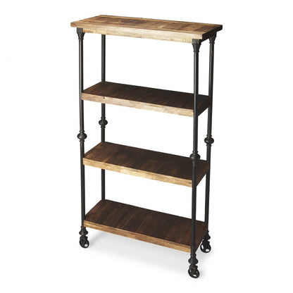 62" Brown Iron and Wood Three Tier Bookcase