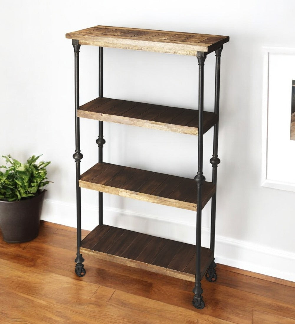 62" Brown Iron and Wood Three Tier Bookcase