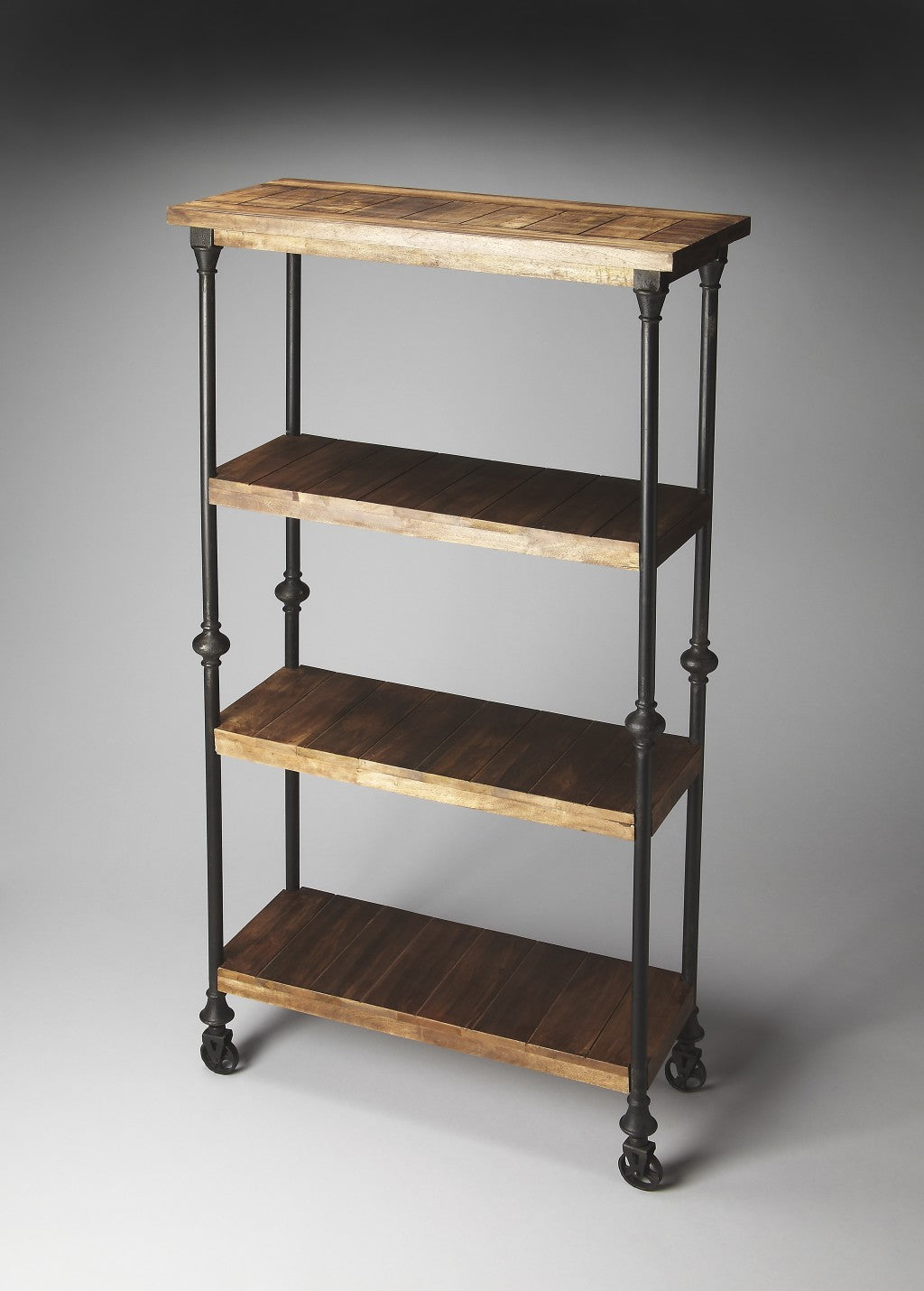 62" Brown Iron and Wood Three Tier Bookcase