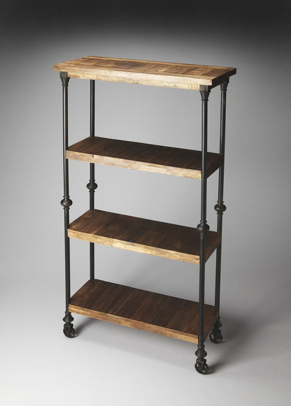 62" Brown Iron and Wood Three Tier Bookcase