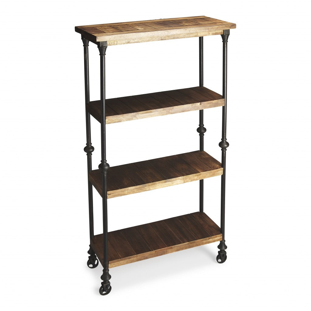 62" Brown Iron and Wood Three Tier Bookcase