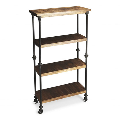 62" Brown Iron and Wood Three Tier Bookcase