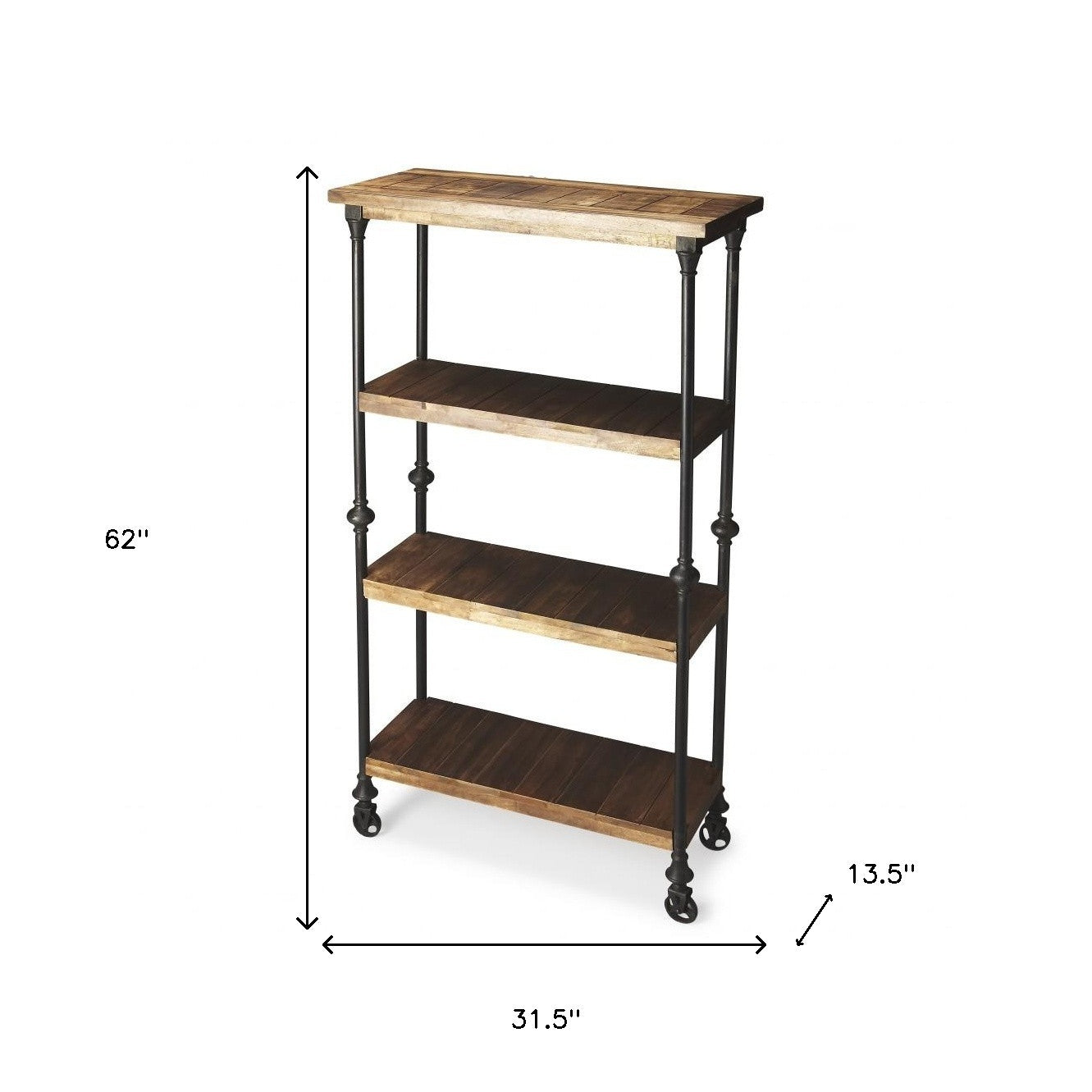 62" Brown Iron and Wood Three Tier Bookcase