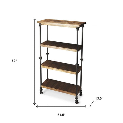 62" Brown Iron and Wood Three Tier Bookcase