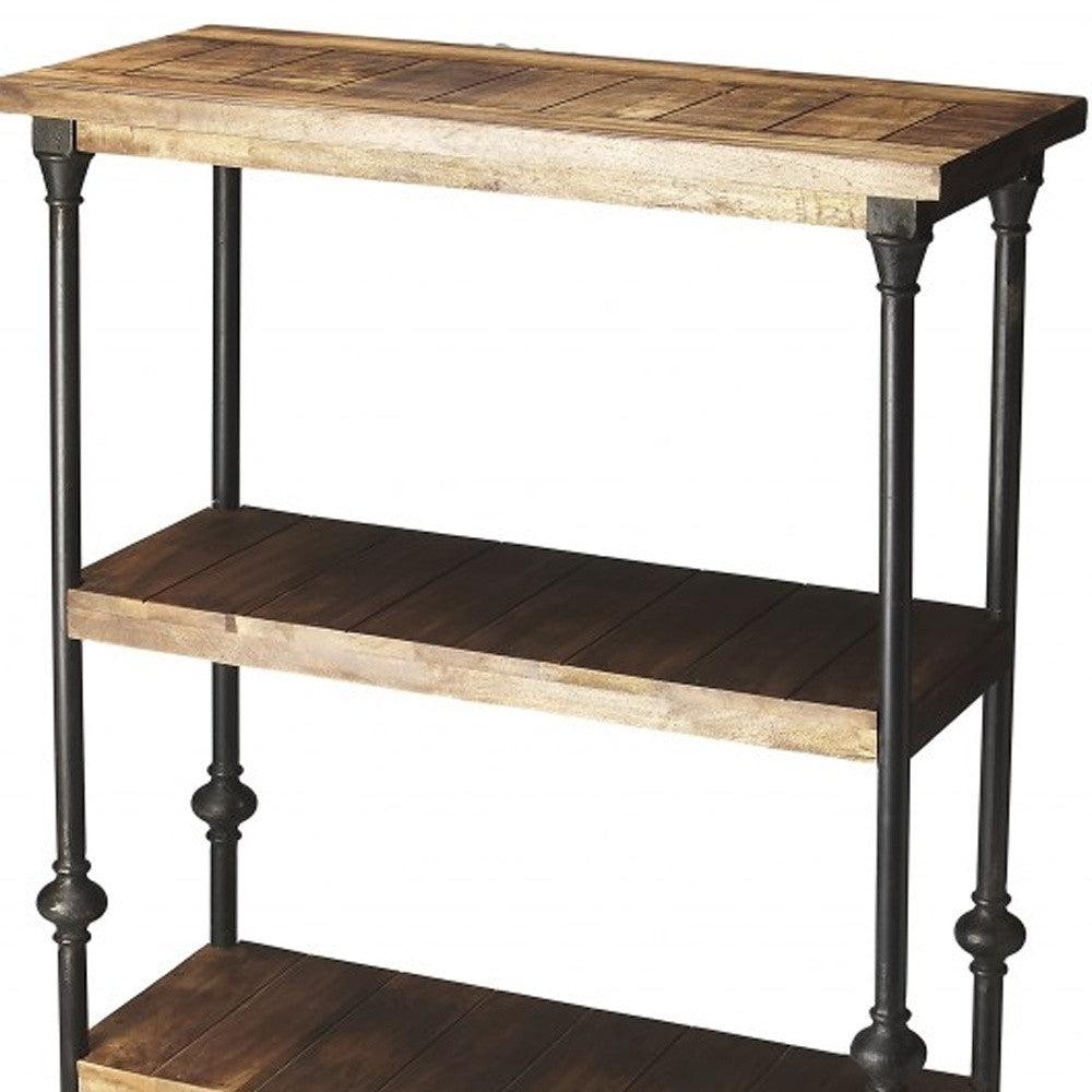 62" Brown Iron and Wood Three Tier Bookcase