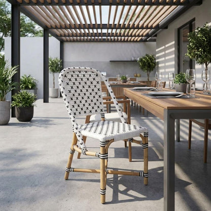 21" Black And White Woven Faux Rattan Outdoor Dining Chair