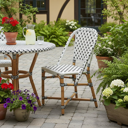 21" Black And White Woven Faux Rattan Outdoor Dining Chair