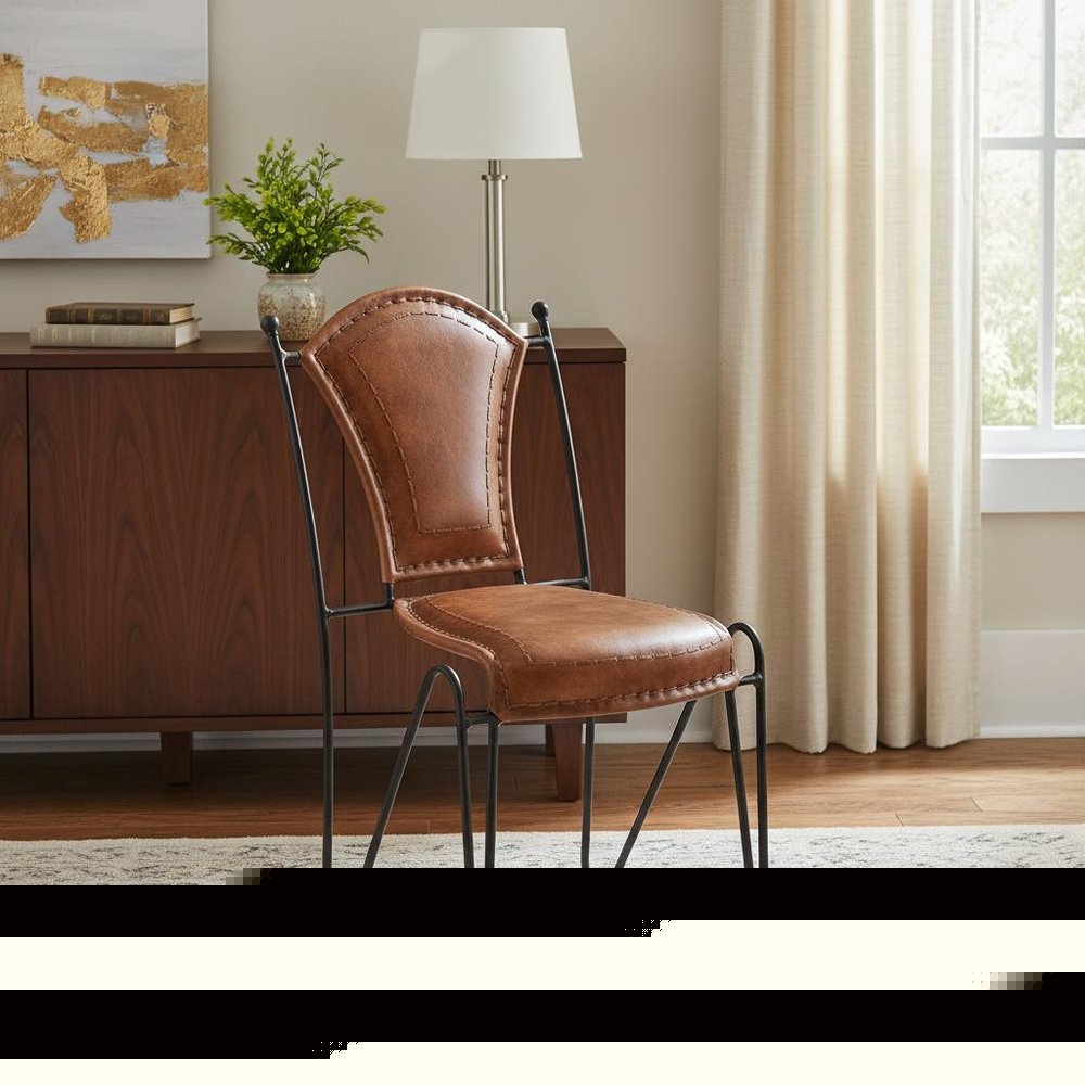 18" Brown and Black Genuine Leather and Iron Side Chair