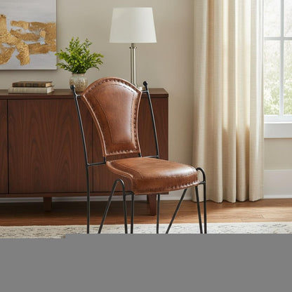 18" Brown and Black Genuine Leather and Iron Side Chair
