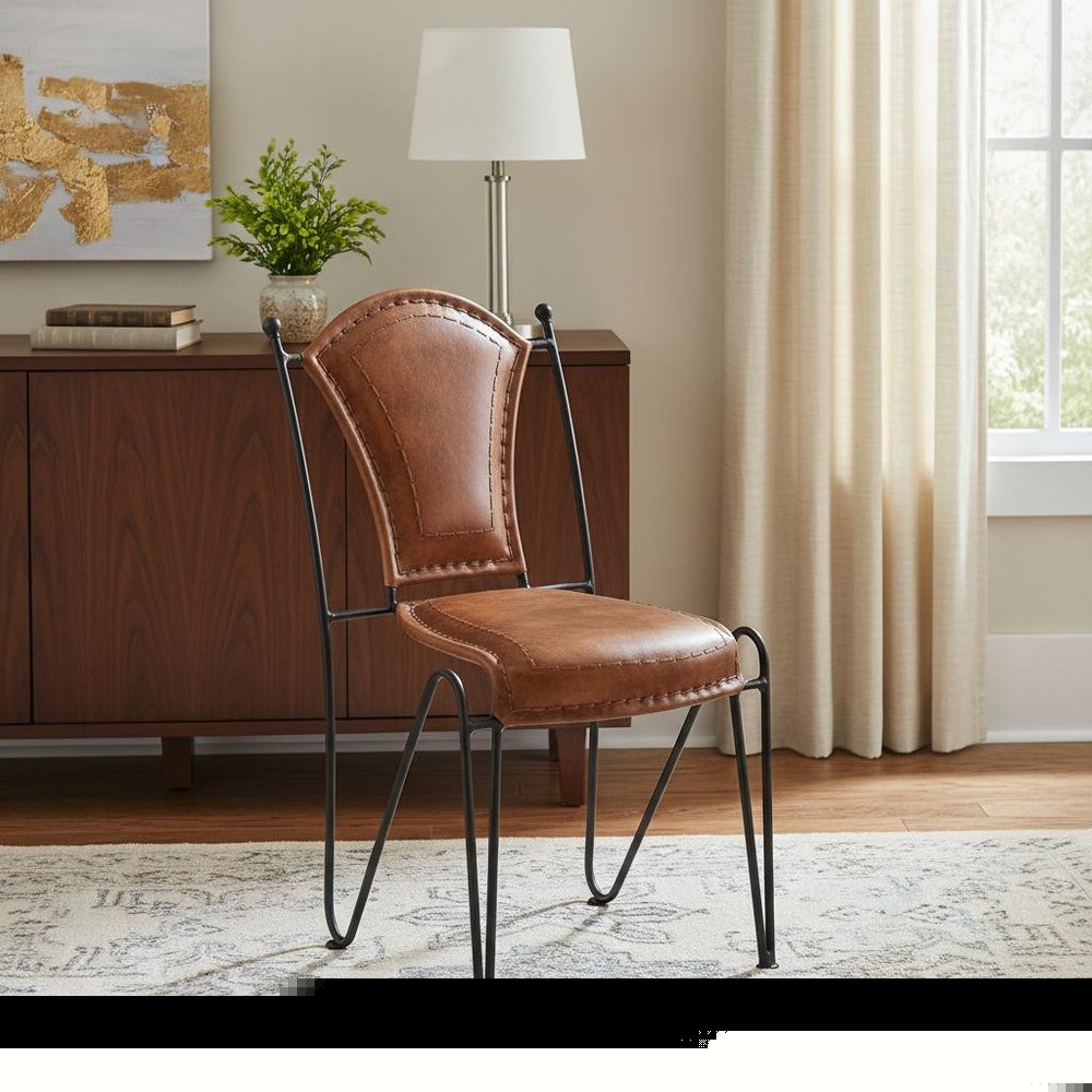 18" Brown and Black Genuine Leather and Iron Side Chair